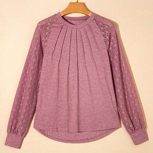 Rose Pink Contrast Lace Raglan‎ Sleeve Plicate Round Neck Top